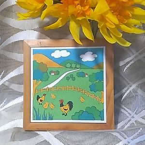 Yellow Rooster Farm Decorative Ceramic Tile with Wooden Frame
